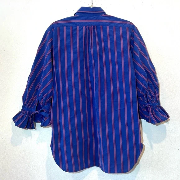 BRITT SISSECK Brie - Orange Surprise In Blue abutting Down Shirt Size 38/S - Picture 2 of 6